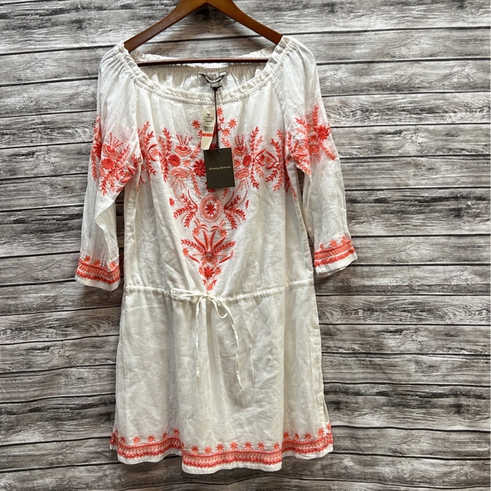 Women’s XS Tommy Bahama high twist embroidered dress white coral pink